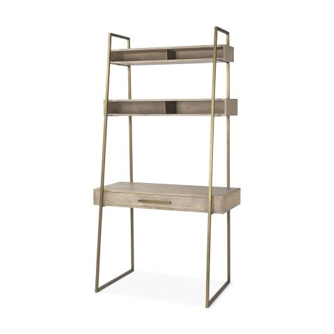 Homeroots 42" Brown And Gold Solid Wood And Metal Sled Ladder Desk - Stylish Storage For Home Office Elegance   605619