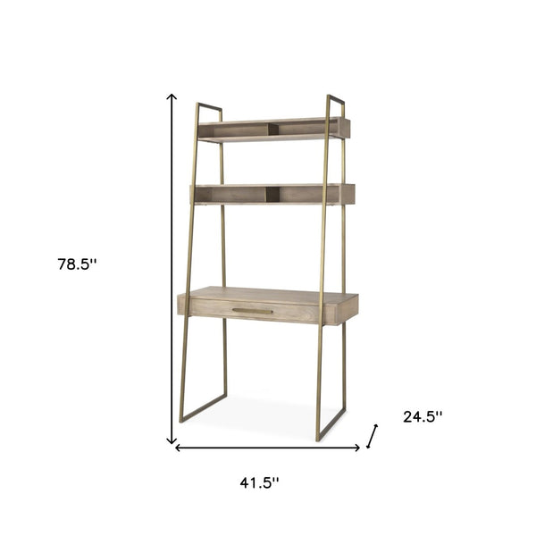 Homeroots 42" Brown And Gold Solid Wood And Metal Sled Ladder Desk - Stylish Storage For Home Office Elegance   605619