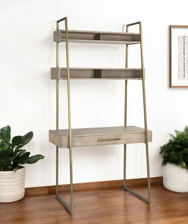Homeroots 42" Brown And Gold Solid Wood And Metal Sled Ladder Desk - Stylish Storage For Home Office Elegance   605619