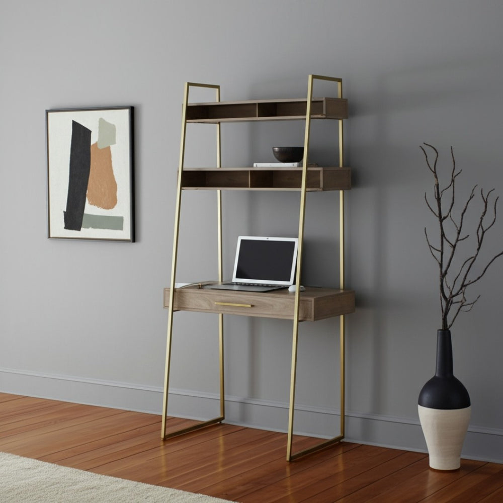 HomeRoots 42" Brown and Gold Solid Wood Metal Ladder Desk - Elegant Space-Saving Design with Open Shelving 605619