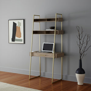 HomeRoots 42" Brown and Gold Solid Wood Metal Ladder Desk - Elegant Space-Saving Design with Open Shelving 605619