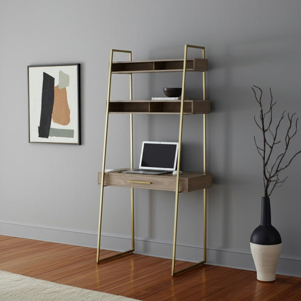 HomeRoots 42" Brown and Gold Solid Wood Metal Ladder Desk - Elegant Space-Saving Design with Open Shelving 605619
