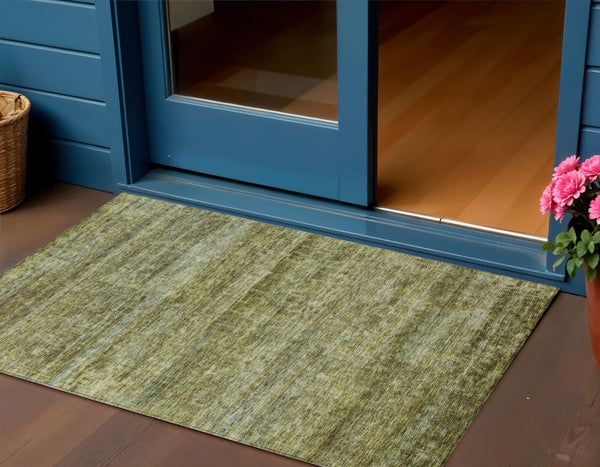 Homeroots 3' Stylish Olive Green And Brown Striped Washable Rug For Indoor And Outdoor Spaces, Durable Design 3' X 5' Polyester 605620