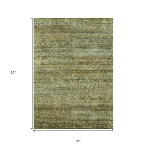 Homeroots 3' Stylish Olive Green And Brown Striped Washable Rug For Indoor And Outdoor Spaces, Durable Design 5' X 8' Polyester 605621