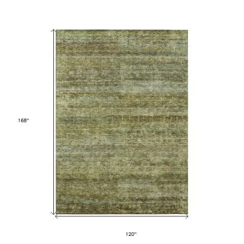 Homeroots 3' Stylish Olive Green And Brown Striped Washable Rug For Indoor And Outdoor Spaces, Durable Design 10' X 14' Polyester 605625