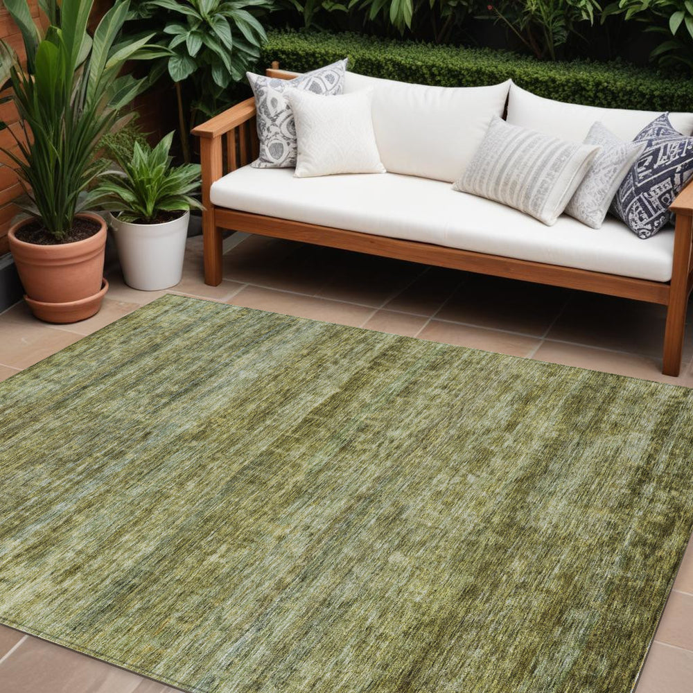 Homeroots 3' Stylish Olive Green And Brown Striped Washable Rug For Indoor And Outdoor Spaces, Durable Design 10' X 14' Polyester 605625