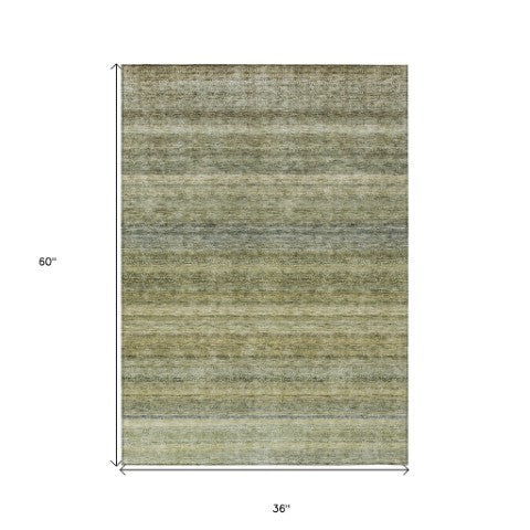 Homeroots 3' Artichoke Green And Gray Striped Washable Area Rug - Durable, Stylish For Indoor And Outdoor Use 3' X 5' Polyester 605626