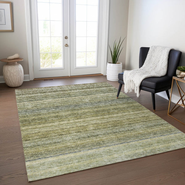 Homeroots 3' Artichoke Green And Gray Striped Washable Area Rug - Durable, Stylish For Indoor And Outdoor Use 3' X 5' Polyester 605626