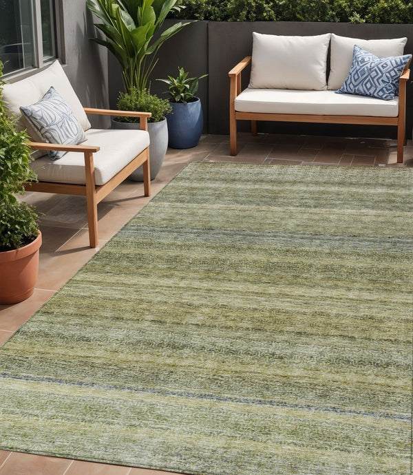 Homeroots 3' Artichoke Green And Gray Striped Washable Area Rug - Durable, Stylish For Indoor And Outdoor Use 5' X 8' Polyester 605627