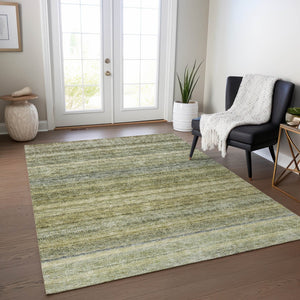 Homeroots 3' Artichoke Green And Gray Striped Washable Area Rug - Durable, Stylish For Indoor And Outdoor Use 5' X 8' Polyester 605627