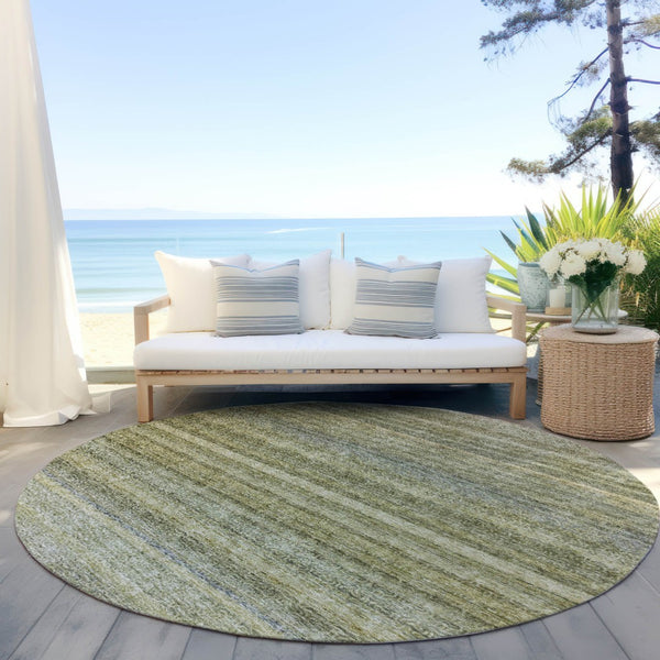 Homeroots 3' Artichoke Green And Gray Striped Washable Area Rug - Durable, Stylish For Indoor And Outdoor Use 8' Round Polyester 605628