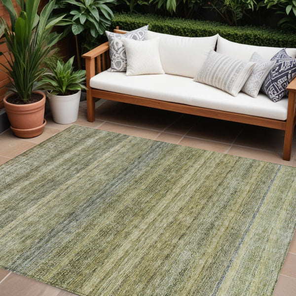 Homeroots 3' Artichoke Green And Gray Striped Washable Area Rug - Durable, Stylish For Indoor And Outdoor Use 8' X 10' Polyester 605629
