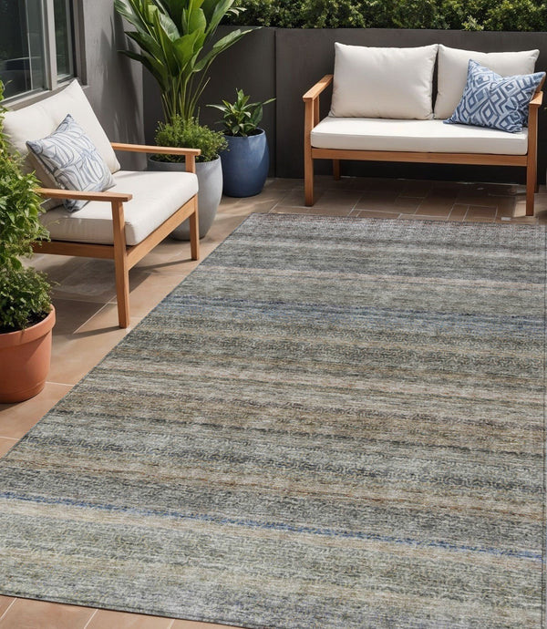 Homeroots 3' Artichoke Green And Gray Striped Washable Area Rug - Durable, Stylish For Indoor And Outdoor Use 5' X 8' Polyester 605645