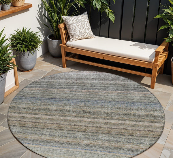 Homeroots 3' Artichoke Green And Gray Striped Washable Area Rug - Durable, Stylish For Indoor And Outdoor Use 8' Round Polyester 605646