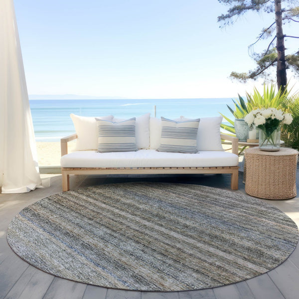 Homeroots 3' Artichoke Green And Gray Striped Washable Area Rug - Durable, Stylish For Indoor And Outdoor Use 8' Round Polyester 605646