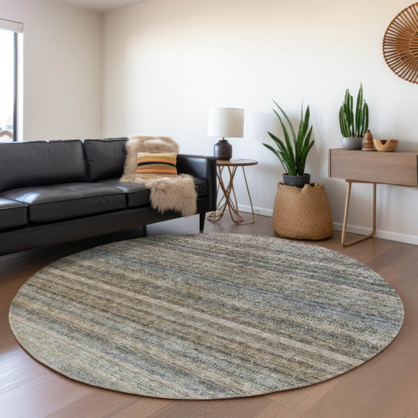 Homeroots 3' Artichoke Green And Gray Striped Washable Area Rug - Durable, Stylish For Indoor And Outdoor Use 8' Round Polyester 605646
