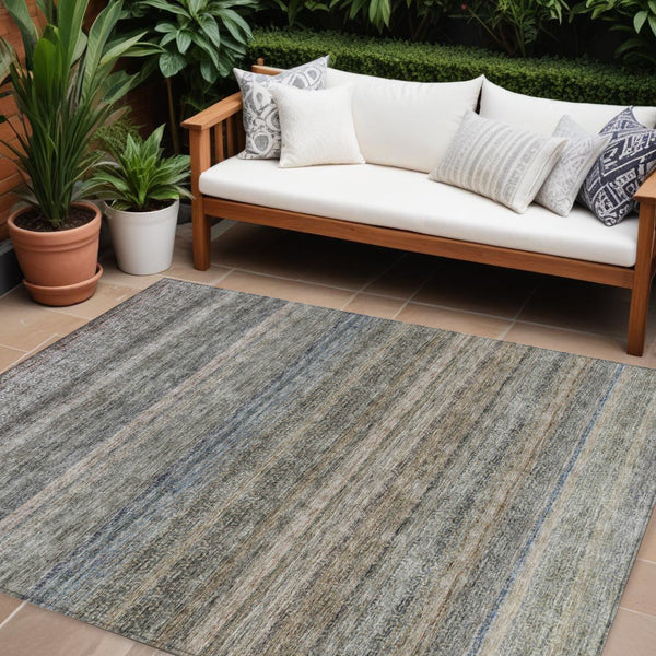 Homeroots 3' Artichoke Green And Gray Striped Washable Area Rug - Durable, Stylish For Indoor And Outdoor Use 9' X 12' Polyester 605648
