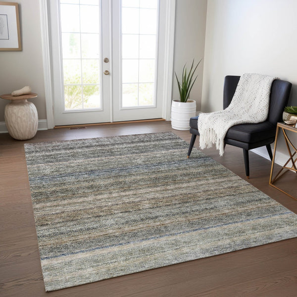Homeroots 3' Artichoke Green And Gray Striped Washable Area Rug - Durable, Stylish For Indoor And Outdoor Use 10' X 14' Polyester 605649