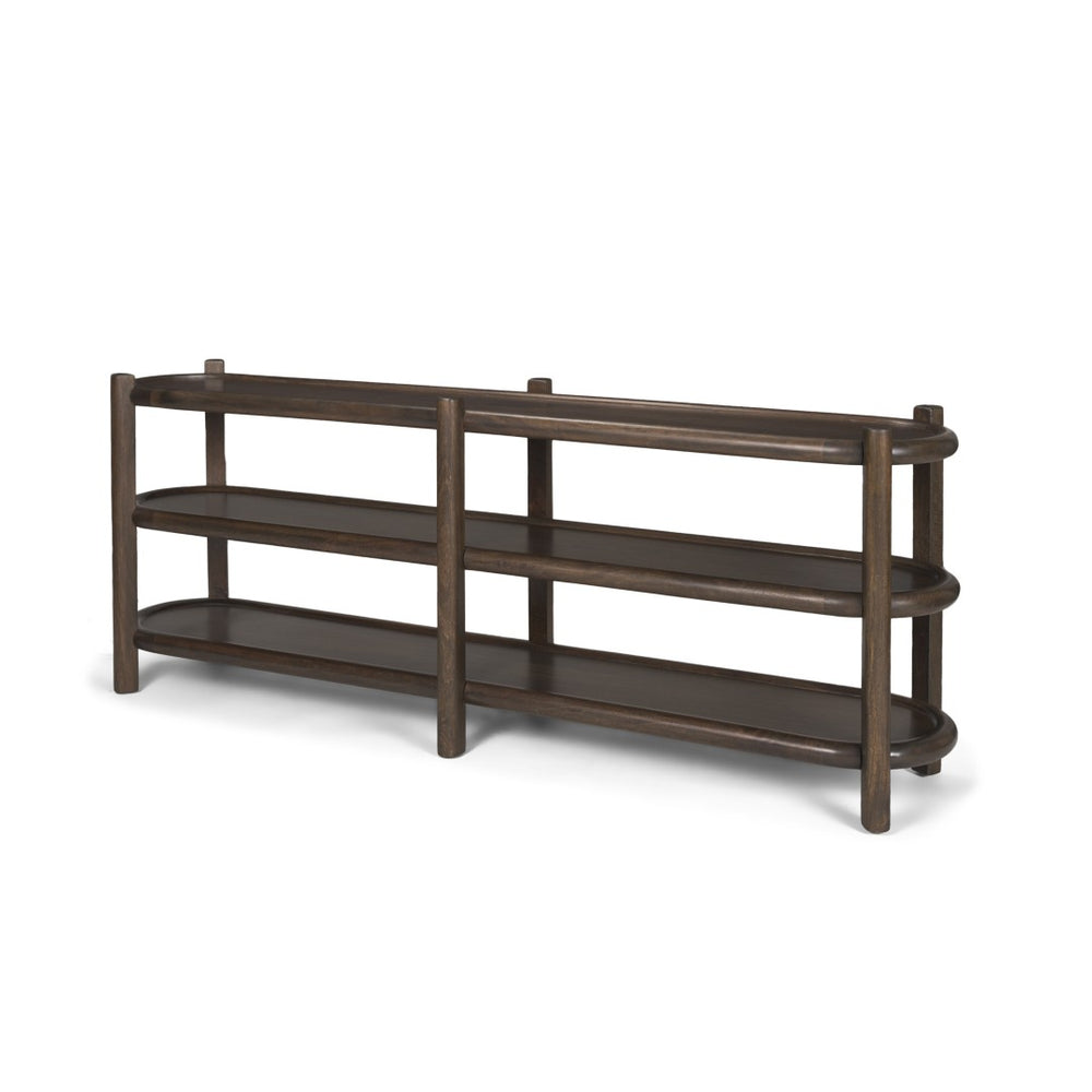 HomeRoots 80" Elegant Dark Brown Solid Wood Oval Console Table with Six Legs and Ample Storage Shelves 605657