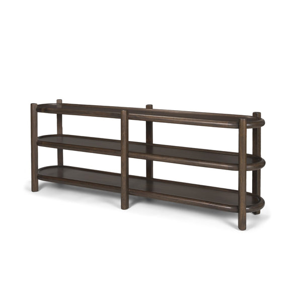 HomeRoots 80" Elegant Dark Brown Solid Wood Oval Console Table with Six Legs and Ample Storage Shelves 605657