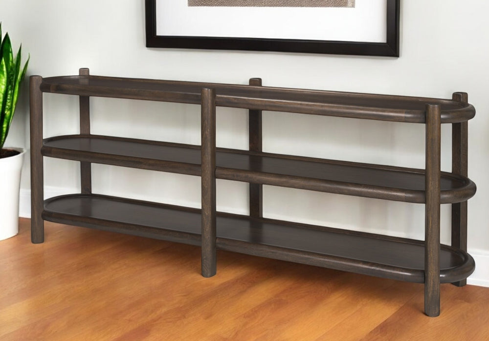 Homeroots 80" Dark Brown Solid Wood Oval Console Table With Six Legs & Two Practical Shelves For Any Room   605657