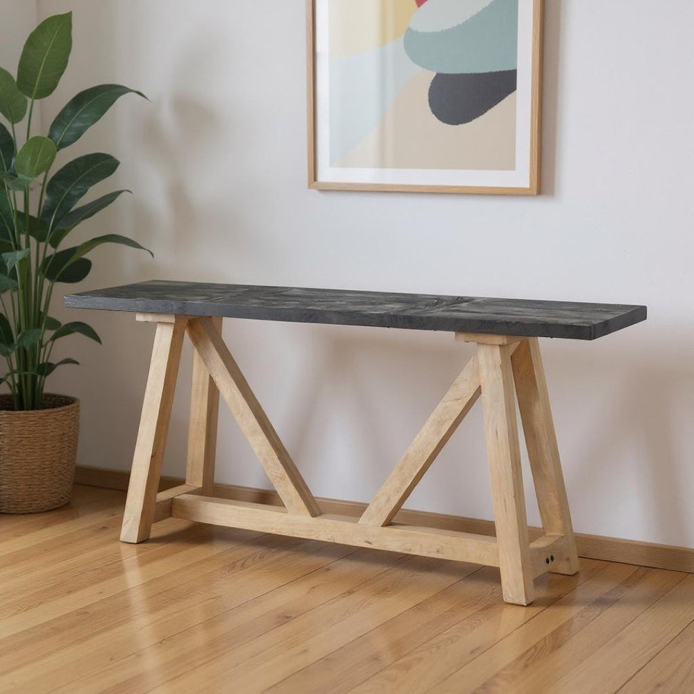 HomeRoots 70" Two-Tone Black and Brown Solid Wood Trestle Console Table for Modern Entryway & Living Spaces 605659