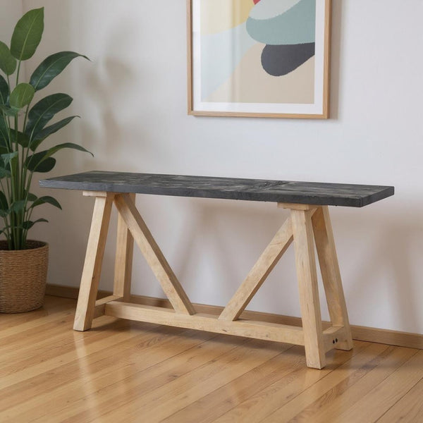 HomeRoots 70" Two-Tone Black and Brown Solid Wood Trestle Console Table for Modern Entryway & Living Spaces 605659