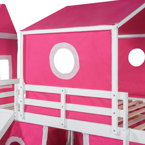 English Elm Full Size Kids Castle Loft Bed with Slide Tent and Tower Pinewood Play Structure LT000771AAH-1