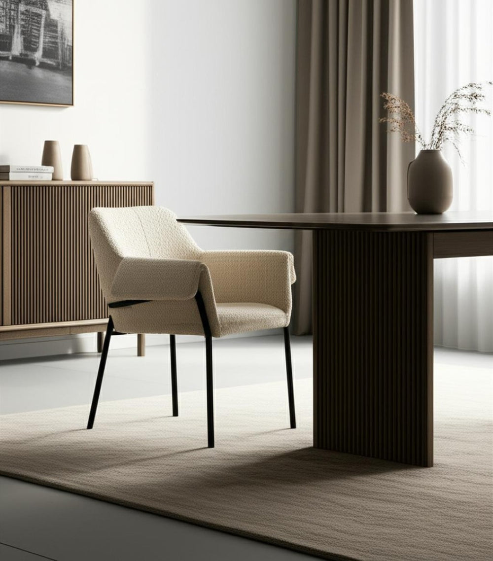 HomeRoots Cream Boucle Dining Arm Chair with Modern Metal Legs - Chic Comfort for Dining & Accent Spaces 605665