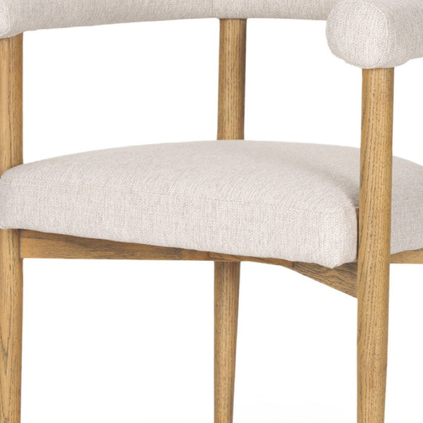 HomeRoots Beige Upholstered Dining Arm Chair with Curved Open Back & Solid Wood Legs for Modern Spaces 605670