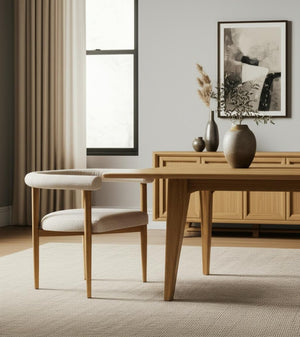 HomeRoots Beige Upholstered Dining Arm Chair with Curved Open Back & Solid Wood Legs for Modern Spaces 605670