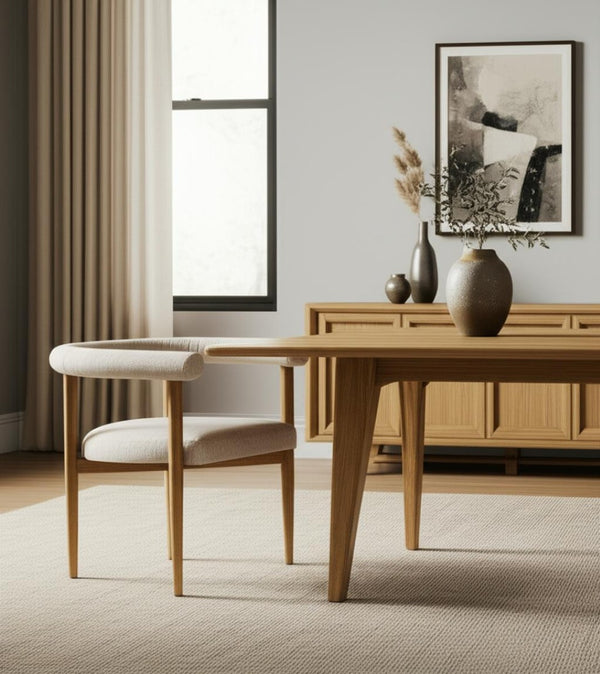 HomeRoots Beige Upholstered Dining Arm Chair with Curved Open Back & Solid Wood Legs for Modern Spaces 605670