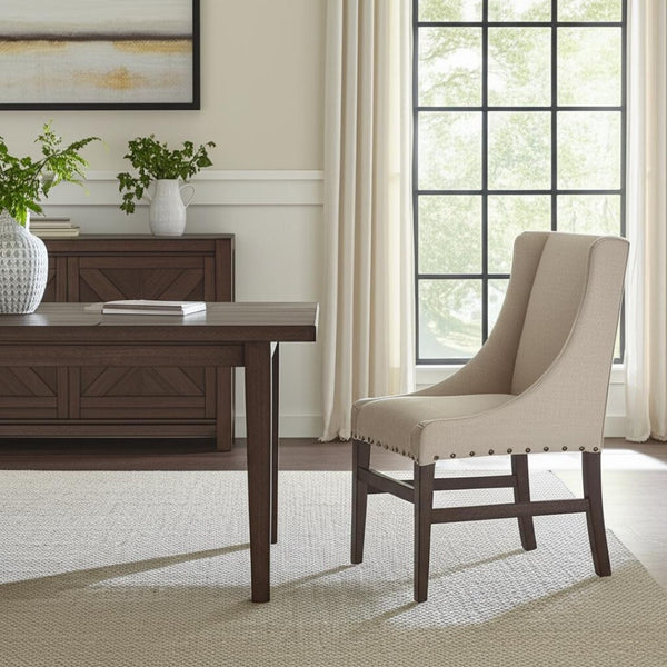 HomeRoots Cream Upholstered Dining Side Chair with Solid Wood Legs, Nailhead Trim for Versatile Home Style 605672