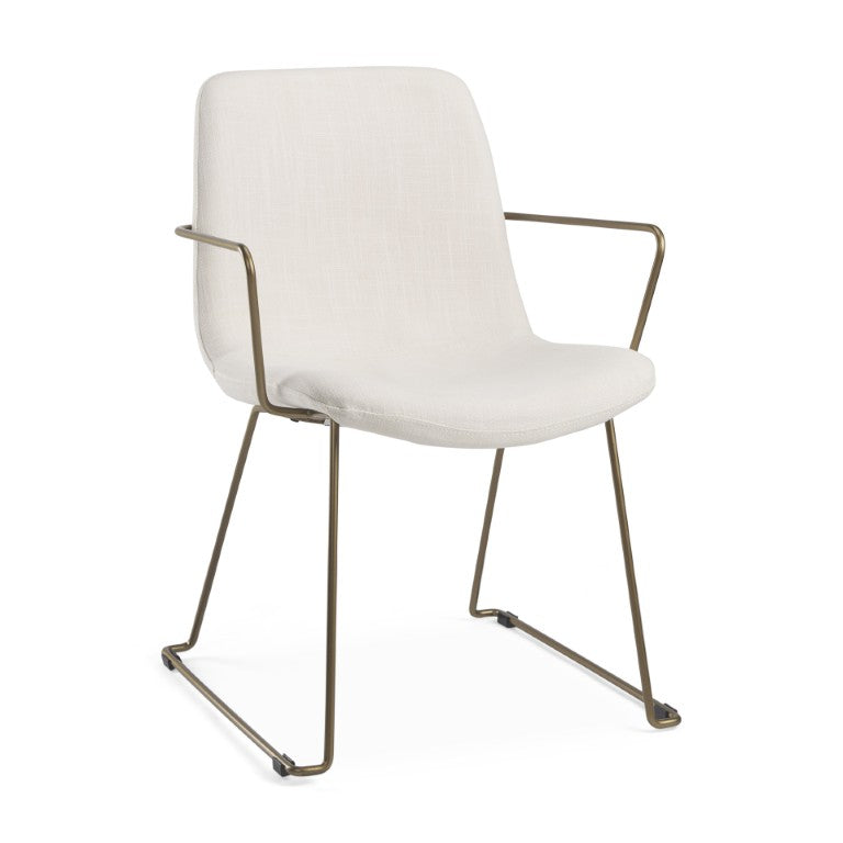 HomeRoots Beige Upholstered Arm Chair with Golden Accents for Elegant Dining Room Decor 605677