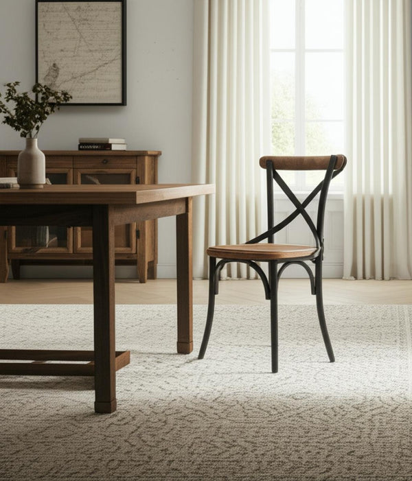 HomeRoots Light Brown and Black Cross Back Dining Side Chair - Modern Farmhouse Industrial Accent Seating 605679