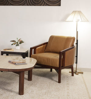 Homeroots 32" Brown Genuine Leather Arm Chair - Luxurious Comfort, Solid Mango Wood Frame, Stylish Home Accent   605680