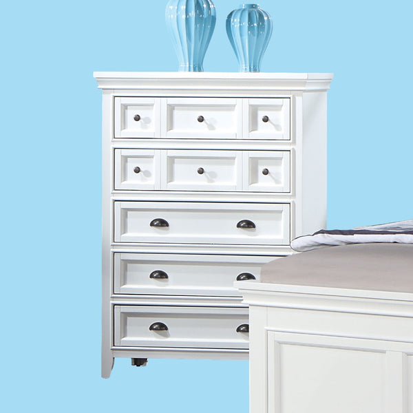 English Elm Transitional Solid Wood Chest with Five Smooth Glide Drawers, Felt-Lined Top, Timeless Design White 39 L x 21 W x 56 H B2741P369372