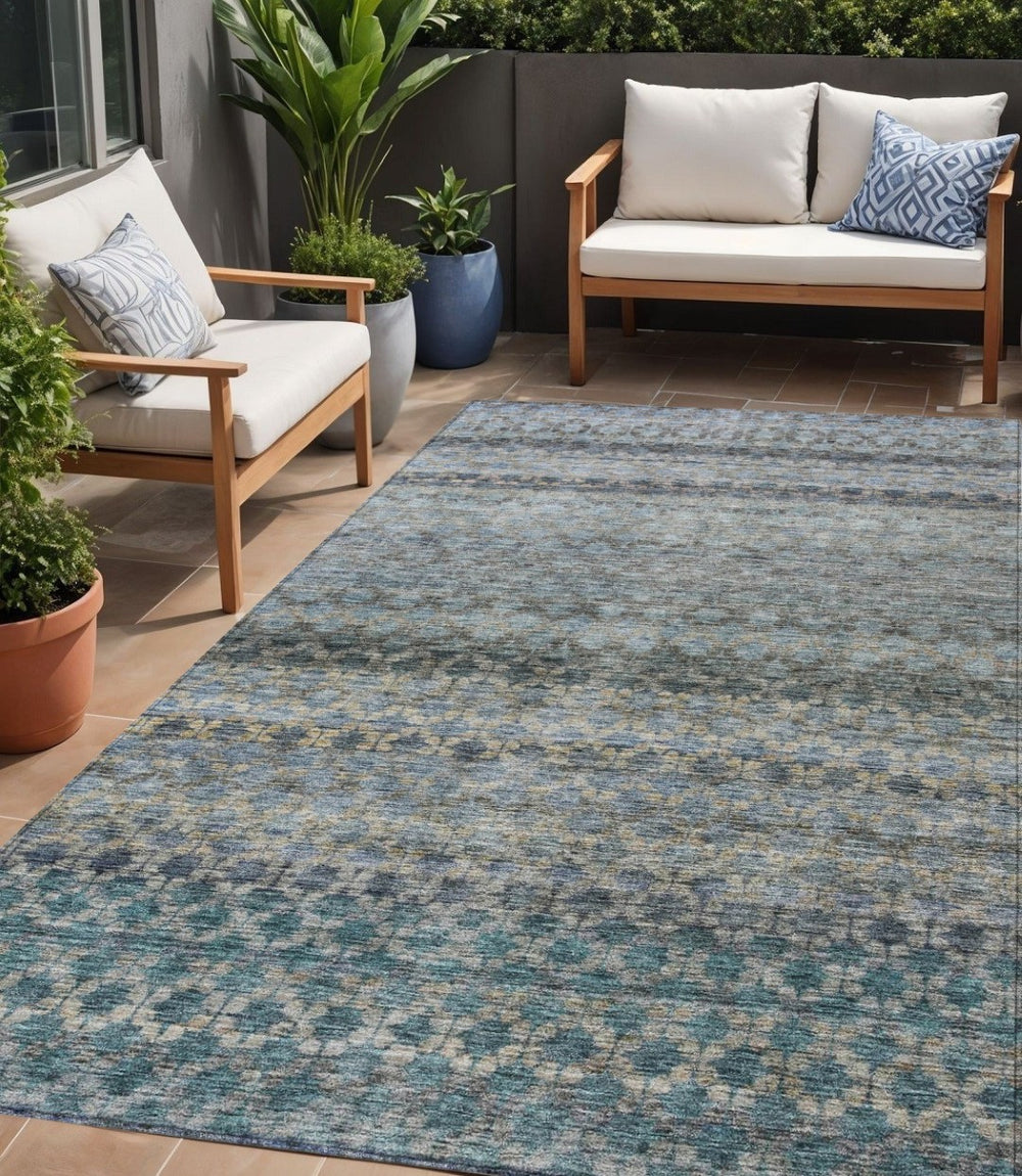 HomeRoots 5' Stylish Teal, Light Blue & Gray Striped Washable Area Rug for Indoor & Outdoor Spaces, Durable Design 5' X 8' 605694