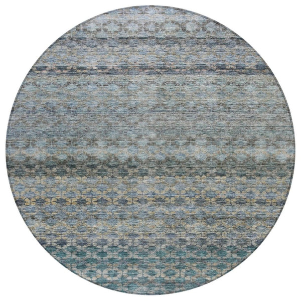 HomeRoots 5' Stylish Teal, Light Blue & Gray Striped Washable Area Rug for Indoor & Outdoor Spaces, Durable Design 8' Round 605695