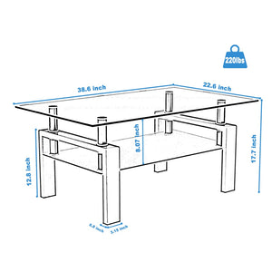 English Elm Rectangle Two Tier Tempered Glass Coffee Table Modern Iron Frame Living Room Accent Black W241P367356