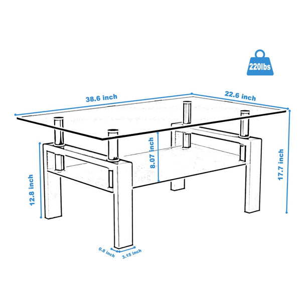 English Elm Rectangle Two Tier Tempered Glass Coffee Table Modern Iron Frame Living Room Accent Black W241P367356