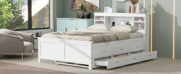 English Elm Full Full Size Platform Bed with Storage Headboard, USB Ports, Twin Trundle & 3 Drawers, Solid Wood White GX000720AAK