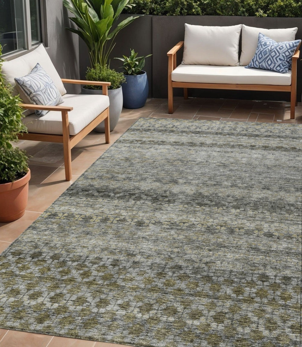 HomeRoots 5' Durable Pewter and Green Striped Washable Area Rug for Indoor and Outdoor Living Spaces 5' X 8' 605700