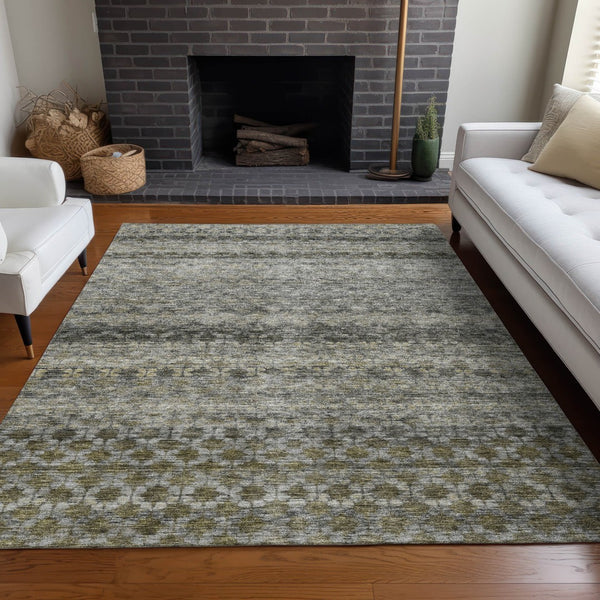 Homeroots 3' Artichoke Green And Beige Striped Washable Area Rug For Indoor And Outdoor Spaces, Durable Design 5' X 8' Polyester 605700