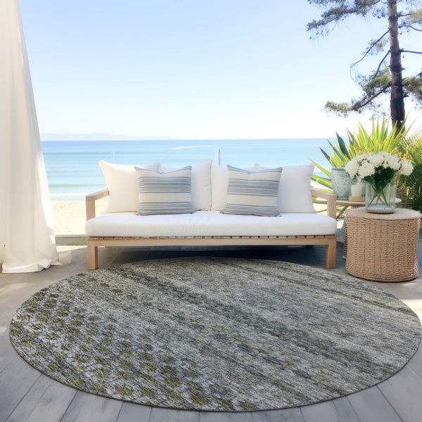 Homeroots 3' Artichoke Green And Beige Striped Washable Area Rug For Indoor And Outdoor Spaces, Durable Design 8' Round Polyester 605701