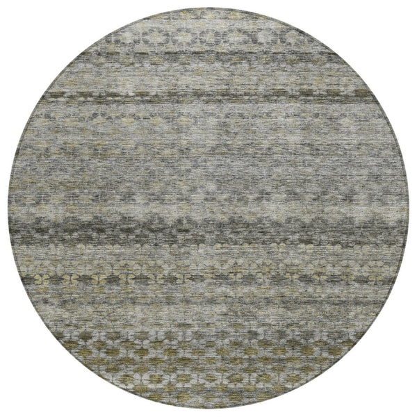 HomeRoots 5' Durable Pewter and Green Striped Washable Area Rug for Indoor and Outdoor Living Spaces 8' Round 605701