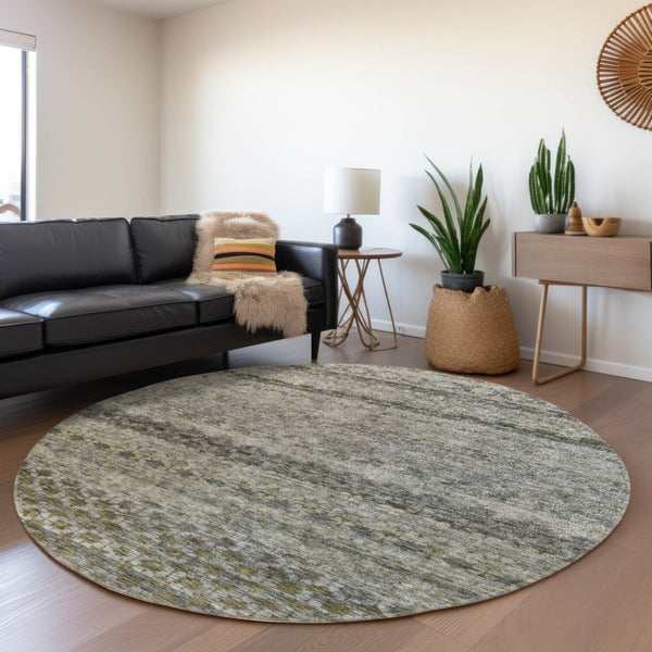 Homeroots 3' Artichoke Green And Beige Striped Washable Area Rug For Indoor And Outdoor Spaces, Durable Design 8' Round Polyester 605701