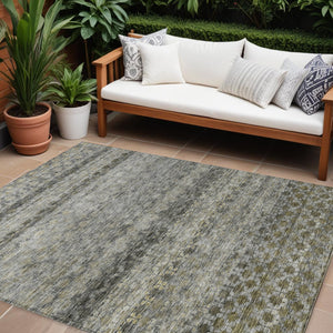 Homeroots 3' Artichoke Green And Beige Striped Washable Area Rug For Indoor And Outdoor Spaces, Durable Design 8' X 10' Polyester 605702