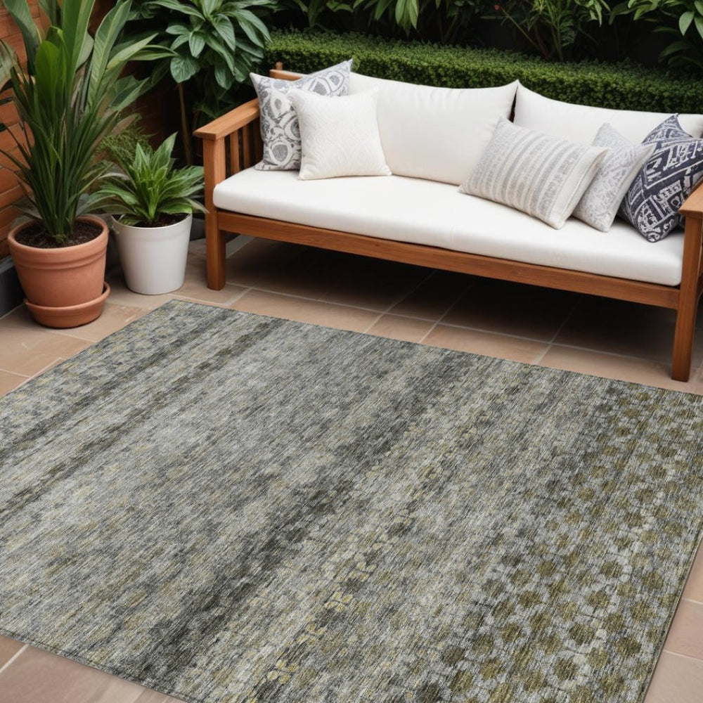 HomeRoots 9' X 12' Stylish Pewter & Green Striped Indoor-Outdoor Area Rug - Durable, Washable, Versatile Design 605703