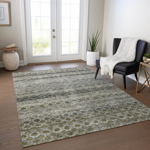 Homeroots 3' Artichoke Green And Beige Striped Washable Area Rug For Indoor And Outdoor Spaces, Durable Design 9' X 12' Polyester 605703